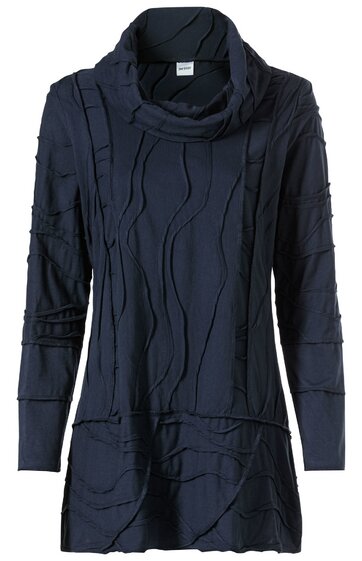 Dunkelblaues Longsleeve mit langen Ärmeln, Rundhalsausschnitt, lockerer Passform, mit wellenförmigen, strukturierten Nähten über das gesamte Kleidungsstück