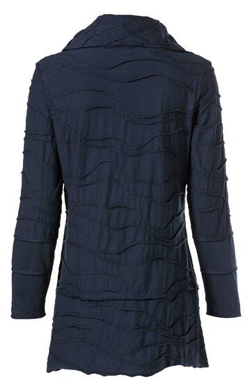 Dunkelblauer Mantel mit langen Ärmeln, Wellendekor in Ton-in-Ton, Stehkragen, gerade geschnitten, hüftlang, Rückansicht