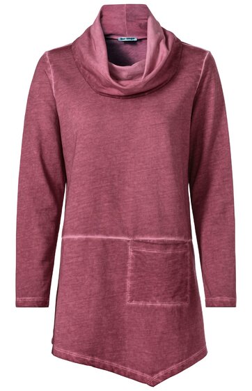 Langes Damenoberteil in altrosa, meliert, asymmetrischer Saum, großer Kragen, lange Ärmel, aufgesetzte rechteckige Tasche vorne