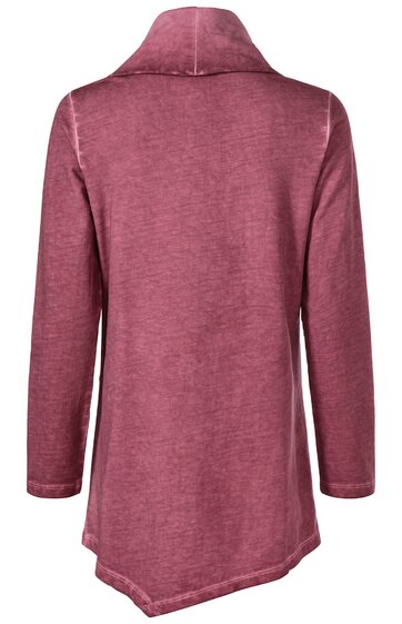 Langärmliges Damenoberteil in altrosa, unifarben, asymmetrischer Zipfelsaum, Stehkragen, gerade Passform, Rückansicht