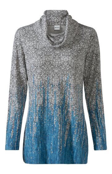 Langärmeliges Damenoberteil in Hellgrau mit abstraktem Muster aus schwarzen Linien, Übergang zu Blau am unteren Bereich, Rollkragen, gerade geschnitten
