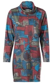 Langärmeliges Kleid in Braun mit abstraktem Muster in Blau und Rot, Stehkragen, gerade Form, knielang
