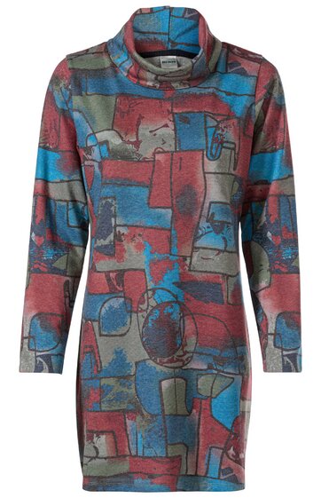 Langärmeliges Kleid in Braun mit abstraktem Muster in Blau und Rot, Stehkragen, gerade Form, knielang