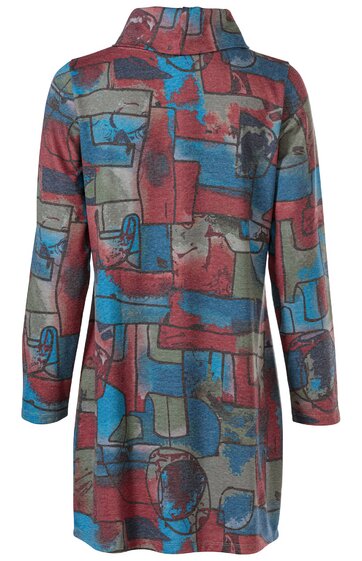 Langärmeliges Shirtkleid in Dunkelrot, Blau und Grau, abstraktes Muster, hoher Stehkragen, knieumspielende Länge, gerade geschnitten