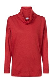 Rotes Langarmshirt mit hohem Kragen, gerade geschnittener Form, ohne Muster, ohne sichtbare Knöpfe oder andere Verzierung
