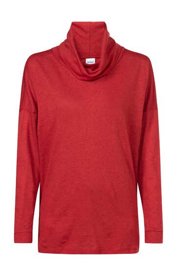 Rotes Langarmshirt mit hohem Kragen, gerade geschnittener Form, ohne Muster, ohne sichtbare Knöpfe oder andere Verzierung