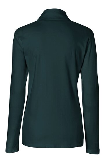 Dunkelgrüner Langarmpullover, einfarbig, mit Stehkragen, gerade geschnittener Rücken, schmal geschnitten