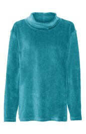 Türkisfarbenes Langarmshirt mit Stehkragen, ohne Muster, gerade geschnitten, keine sichtbaren Knöpfe oder Verzierungen
