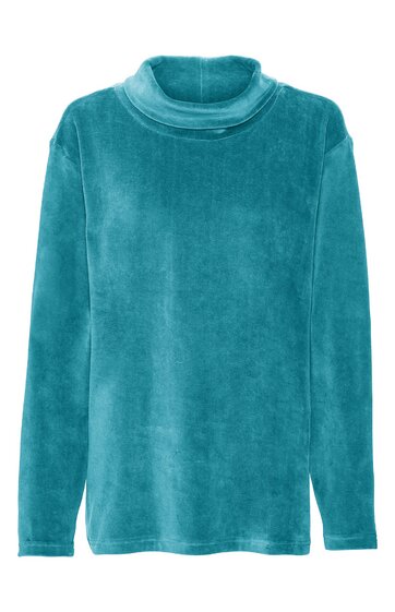 Türkisfarbenes Langarmshirt mit Stehkragen, ohne Muster, gerade geschnitten, keine sichtbaren Knöpfe oder Verzierungen