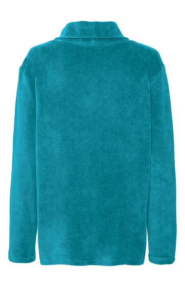 Türkisfarbener Pullover ohne Muster, Stehkragen, lange Ärmel, gerade geschnitten, Rückansicht