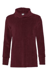 Langärmliges Langarmshirt in dunklem Bordeauxrot, mit hohem Rollkragen, gerade geschnitten, gestufte Manschetten an den Ärmeln
