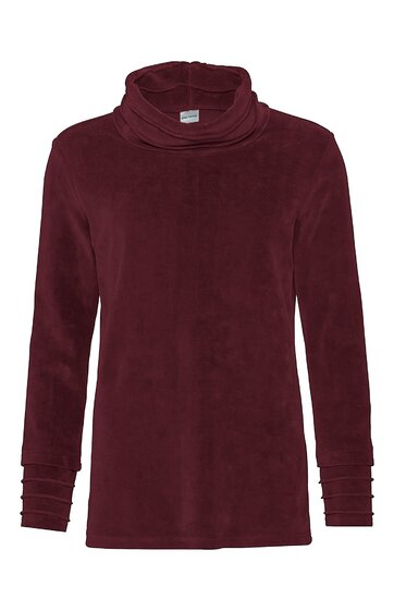 Langärmliges Langarmshirt in dunklem Bordeauxrot, mit hohem Rollkragen, gerade geschnitten, gestufte Manschetten an den Ärmeln