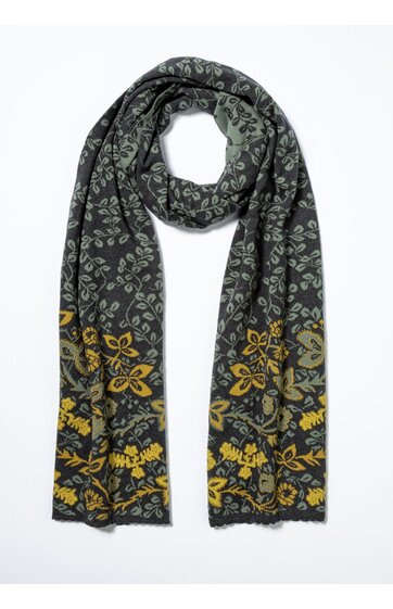 Schal in dunklem Olivgrün mit floralen Mustern in Gelb und Hellgrau, rechteckig, weich fallend, Fransen an den Enden