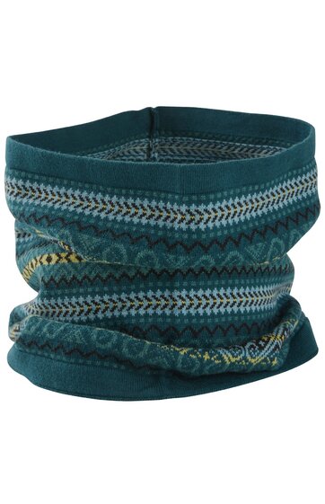Schlauchschal in petrolblau mit horizontalem mehrfarbigem Norweger-Muster, ohne Verschluss, elastisch, leichte Faltenbildung