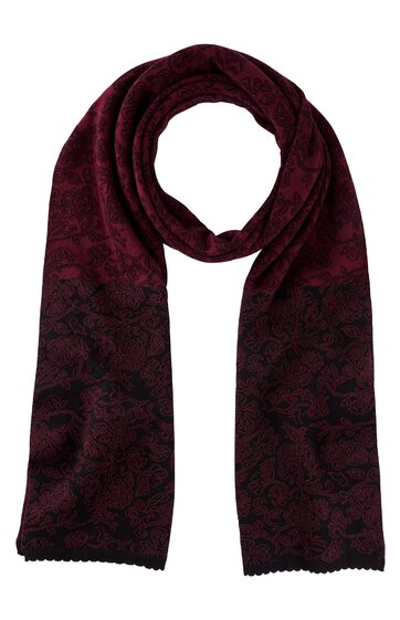 Schal in dunkelweinrot und schwarz mit floraler Musterung, rechteckig, länglich, leichte Struktur, feine Fransen an den Enden