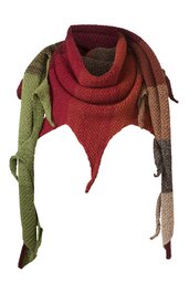 Dreieckiges Stricktuch in Grüntönen, Rot, Orange und Braun, mehrfarbig gestreift, mit länglichen Zipfeln an den Enden