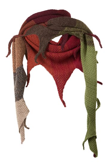Dreieckiges Stricktuch in Braun-, Rot-, Grün- und Beigetönen, unregelmäßiges Farbblockmuster, lange Enden mit lose herabhängenden Fäden