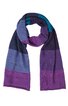 Rechteckiger Schal mit breiten horizontalen Streifen in Violett, Hellblau, Dunkelblau, gestrickt, offene Enden