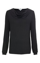 Schwarzes Langarmshirt mit Wasserfallausschnitt, gerade Form, Bündchen an den Ärmeln, ohne Muster, ohne zusätzliche Details
