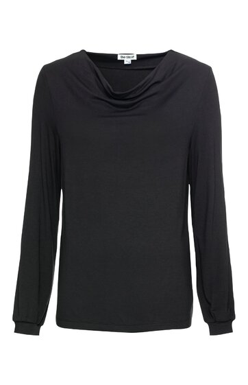 Schwarzes Langarmshirt mit Wasserfallausschnitt, gerade Form, Bündchen an den Ärmeln, ohne Muster, ohne zusätzliche Details