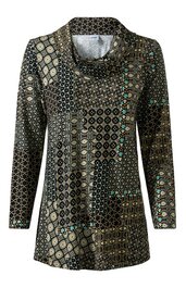 Damenlongshirt in dunkelgrau mit geometrischem Muster in beige, hellgrau und türkis, Stehkragen, lange Ärmel, gerade geschnitten