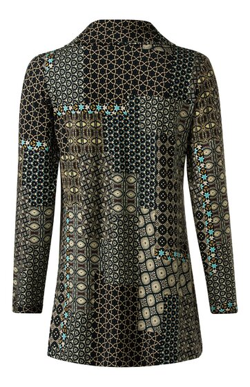 Langärmliges Damenoberteil in schwarzer Grundfarbe mit kleinem, vielfachem geometrischem Muster in Beige und Türkis, Hemdkragen, durchgehende Knopfleiste, gerade geschnitten