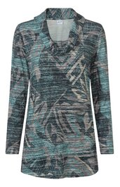 Langärmeliges Shirt in Grautönen mit grünlichen Akzenten, gemustert mit abstrakten Linien und Formen, Rollkragen, gerade geschnitten