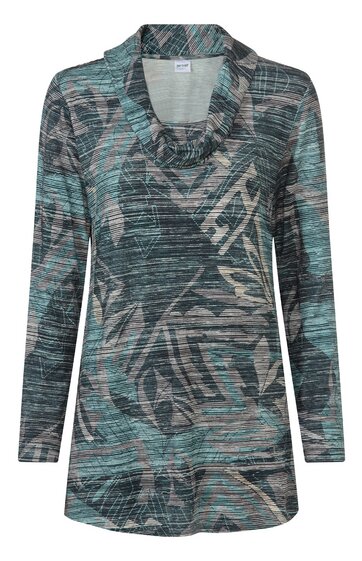 Langärmeliges Shirt in Grautönen mit grünlichen Akzenten, gemustert mit abstrakten Linien und Formen, Rollkragen, gerade geschnitten