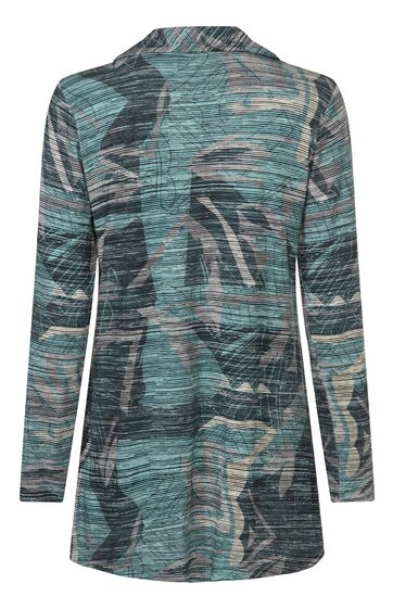 Langärmeliges Kleid in Blau und Grau mit abstraktem Muster, Rundhalsausschnitt, taillierte Form, leicht ausgestellter Rock, ausgestellt, monochrome Farbtöne