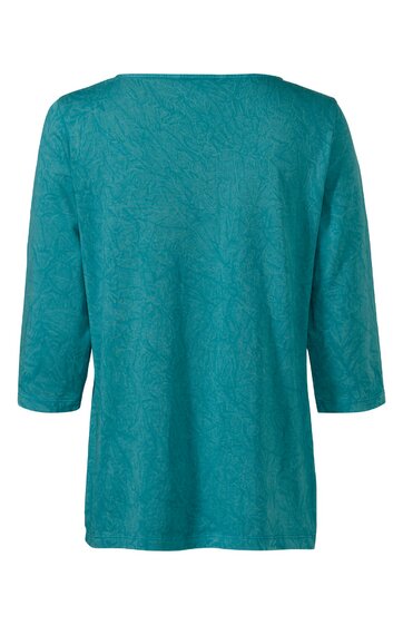 Türkisfarbenes Damenoberteil mit 3-4-Armeln, gerade geschnitten, ohne Muster, keine sichtbaren Details auf der Rückseite