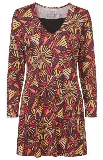 Langärmeliges Kleid in Dunkelrot mit abstraktem Muster aus gelben und hellroten konzentrischen Kreisen, V-Ausschnitt, gerade geschnitten