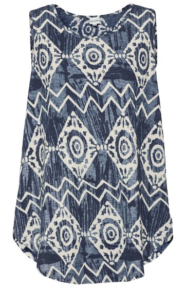 Ärmellose Bluse in Dunkelblau mit weißem geometrischem Muster, Rundhalsausschnitt, lockere Form, leicht tailliert, leicht längerer Rücken