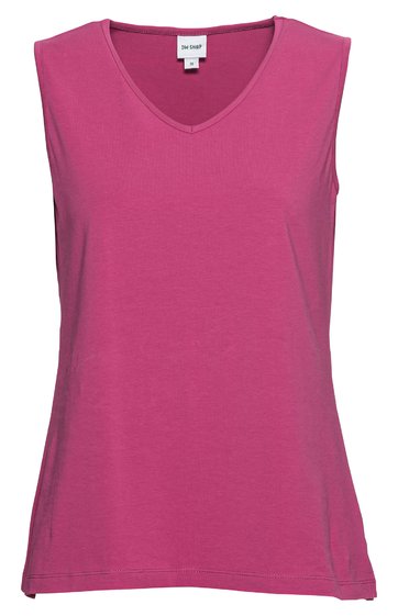 Ärmelloses Damenshirt in kräftigem Pink, V-Ausschnitt, gerade Form, schlichtes Design ohne Muster oder Verzierungen