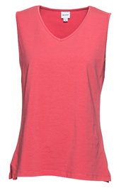 Rotes ärmelloses Tanktop, V-Ausschnitt, leicht taillierte Form, seitliche kleine Schlitze am Saum