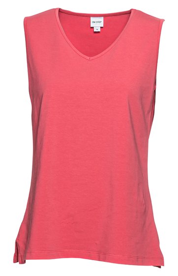 Rotes ärmelloses Tanktop, V-Ausschnitt, leicht taillierte Form, seitliche kleine Schlitze am Saum