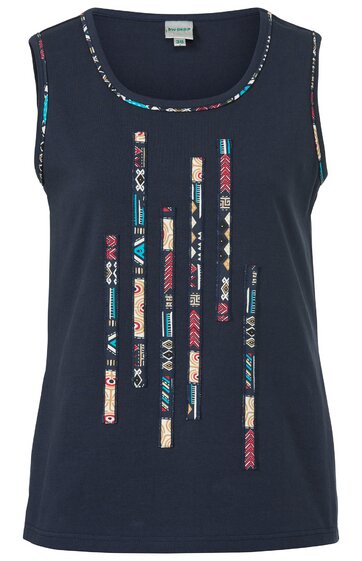 Dunkelblaues ärmelloses Damenshirt mit bunten, schmalen, vertikalen Streifen mit abstraktem Muster auf der Vorderseite, Rundhalsausschnitt, gerade geschnitten