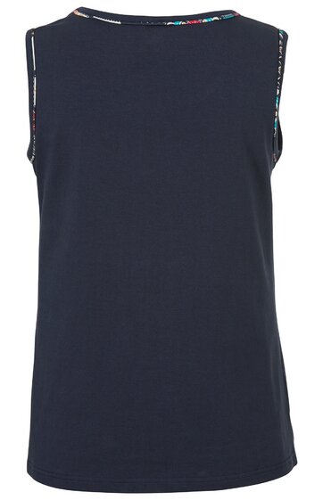 Ärmelloses Top in Dunkelblau, unifarben, runder Ausschnitt, gerade geschnitten, hinten ohne Verschluss, seitlich bunte Nahtdetails