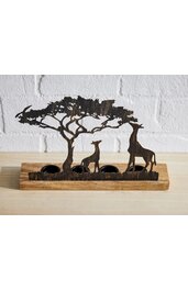 Dekorative Teelichthalterung aus dunklem Holz, flache rechteckige Basis, Silhouetten von Akazienbaum, Hund und Giraffe, filigrane Detailarbeit, drei runde Aussparungen für Teelichter