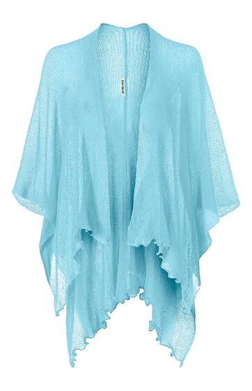 Leichtes, hellblaues Tuch mit offenem, fließendem Schnitt, unifarben, asymmetrischer Saum mit kleinen Fransen, ohne Verschluss