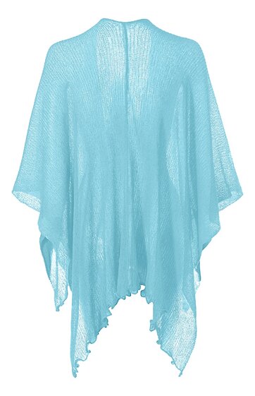 Hellblaues Poncho-ähnliches Oberteil, locker fallend, asymmetrischer Saum, transparentes Strickmuster ohne Verschluss