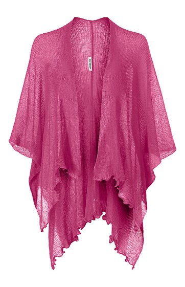 Pinkfarbener leicht transparenter Poncho mit offener Front, locker fallend, asymmetrischer Saum mit zackigem Muster