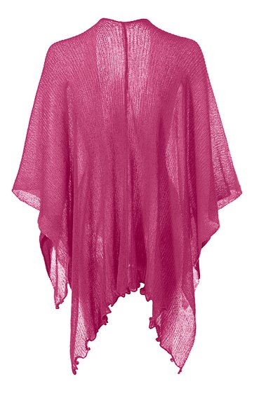 Pinkfarbener Poncho ohne Muster, transparentes lose gestricktes Gewebe, asymmetrischer Saum mit gewellter Kante