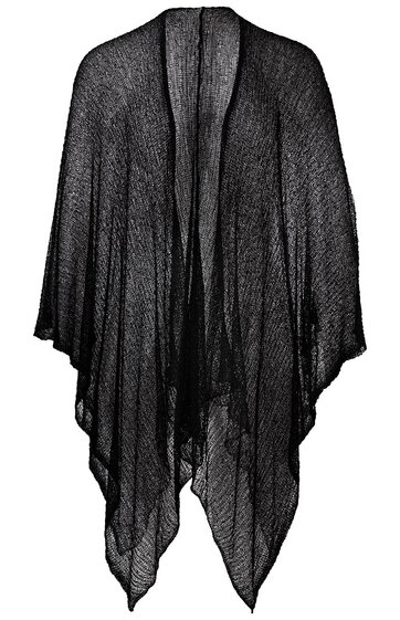 Schwarzer, transparenter Poncho mit losem Fall, asymmetrischer Saum, offen vorne, feines Netzgewebe, ohne Verschluss
