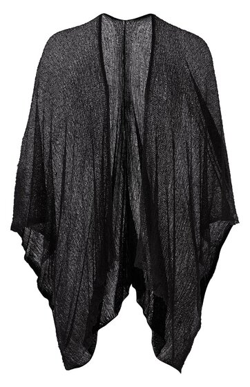 Schwarzer Poncho mit locker fallendem Schnitt, offen vorne, lange weite Ärmel, leicht strukturierte Oberfläche