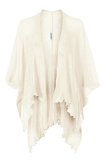 Weißer Schal mit offenem Schnitt, trapezförmiger Umhang, lockere Passform, gerader Kragen, fransige Abschlusskante