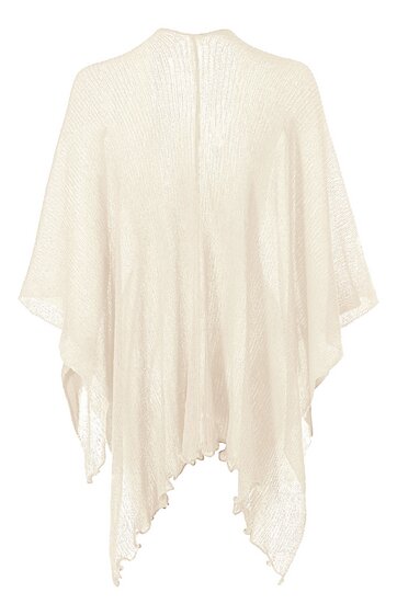 Weißer Poncho ohne Muster, rechteckige Form mit spitz zulaufenden Ecken, locker fallend, breiter Halsabschluss, Fransen an den Kanten