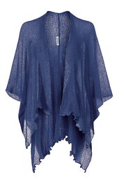 Offene Strickjacke in Dunkelblau, locker geschnitten, asymmetrischer Saum mit Fransen, halblange Ärmel, ohne Verschluss