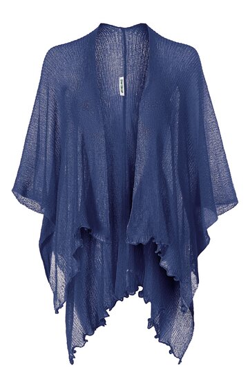 Offene Strickjacke in Dunkelblau, locker geschnitten, asymmetrischer Saum mit Fransen, halblange Ärmel, ohne Verschluss