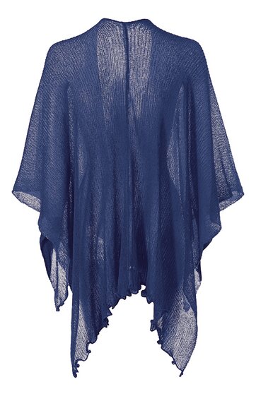 Offenes, locker fallendes Poncho in dunkelblau, feines, transparentes Strickmuster, asymmetrischer Saum, ohne Verschluss