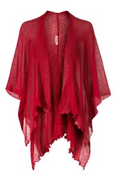 Rotes, locker fallendes, netzartiges Strickshirt mit offenen, halblangen Ärmeln und asymmetrischem Saum